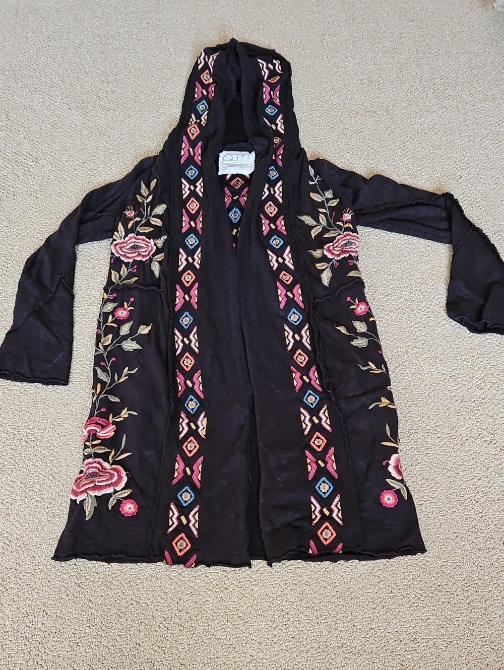 Caite "Billie" Embroidered Open-Front Black Floral Hooded Cardigan Jacket Xsmall